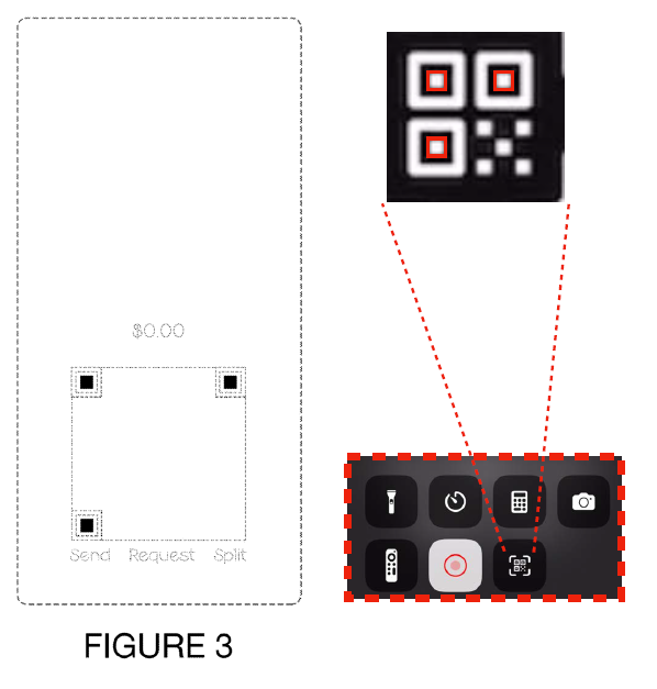 Design Patent Illustration for U.S. Patent No. D930702 showing a dashed box for a QR code and QR code reader